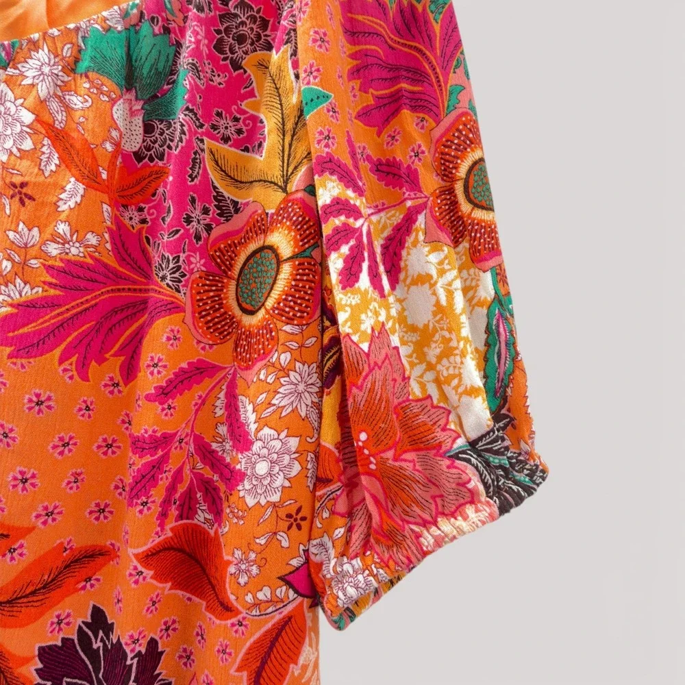 LOFT‎ XS NWT Floral Patchwork Blouse Puff Sleeve Orange Lined Boho Top Tropical